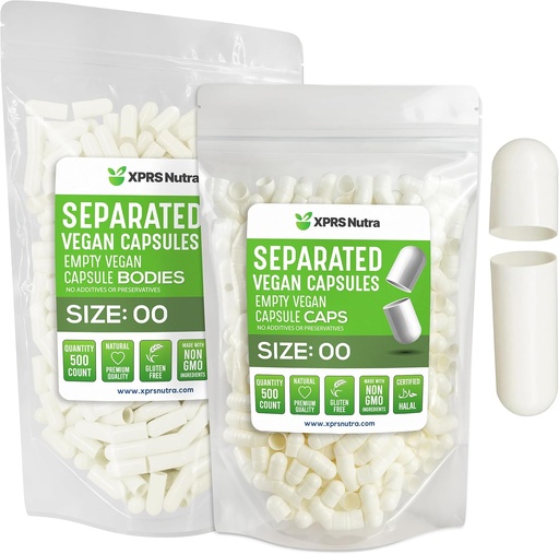[BRSROFATCAOROE33] XPRS Nutra Vegan Size 00 Separated Capsules - 500 Count Premium Empty Capsules Separated in Bags - 00 Pills Empty for DIY Supplement Filling (White)