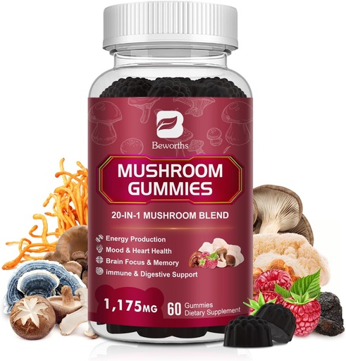 [BRSRAGDRBEOR43LB] Mushroom Gummies, 20 in 1 Lions Mane Mushroom Complex Supplement with Reishi, Chaga, Cordyceps & More for Adult, Support for Brain, Focus, Cognitive & Immune Health, Vegan, Raspberry Flavor, 60 Count