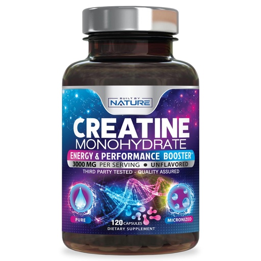 [BRSRAEICAB6AO3Q4] Built by Nature Creatine Monohydrate Pills - Micronized Creatine Supplement for Men & Women - Muscle Strength, Energy, Endurance, and Recovery - Gluten-Free, Vegan, Non-GMO - 120 Capsules
