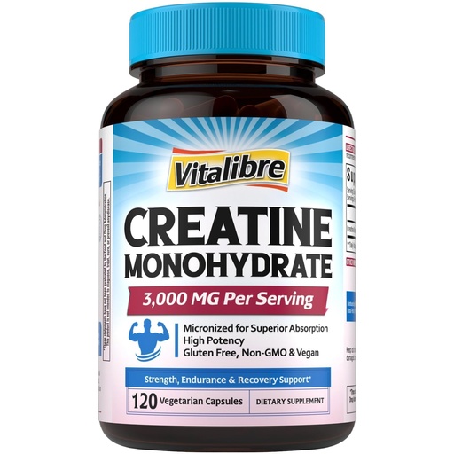 [BRSREFIKBZ7GOHQU] Vitalibre Creatine Monohydrate 3000 mg, Micronized, Increased Strength, Enhanced Endurance, Cellular Energy & Cognitive Function Support, Non-GMO, No Bloating, High Absorption, 120 Capsules
