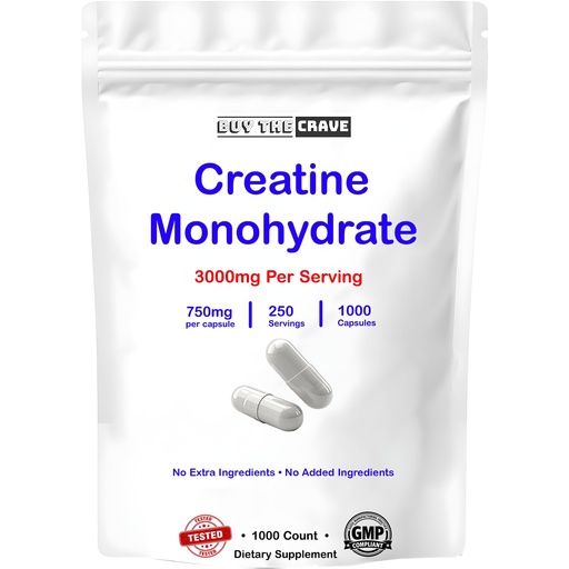 [BRSRE2Y7AB7QI2DA] Micronized Creatine Monohydrate 1000 Capsules, 250 Servings, 750mg of Creatine Monohydrate Per Capsule, 3000mg Per Serving
