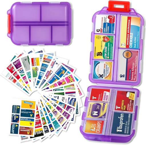 [BRSRA2YFCQDW2FI3] Pill Organizer with Medicine Labels Travel Daily Pill Container Mini Medication Organizer Storage Pill Organizer Travel Essentials Pill Case 7 Day (Purple& 161 Lables)