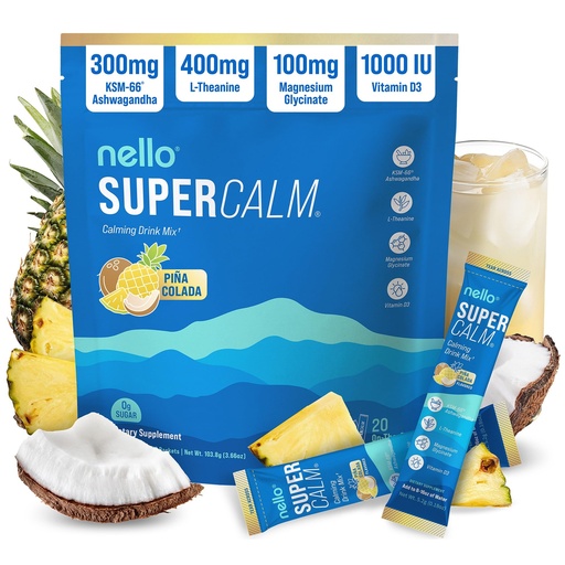 [BRSREY34DMNA4A33] Nello Supercalm Powdered Drink Mix, Cortisol Reducer* and Sleep Aid Supplement, L Theanine, Ksm-66 Ashwagandha, Magnesium Glycinate, Vitamin D 3, No Sugar, Non GMO, On The Go, 20 Ct, Pina Colada