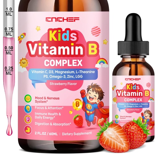 [BRSRGHYODIIBO3TO] Vitamin B Complex for Kids, B1, B2, B3, B6, B9(Folate), B12, Omega-3 & Magnesium, Kids B Complex Liquid Supplement for Brain, Energy, Focus, Metabolism, Gut & Immune Support,Strawberry Flavor,2 fl oz