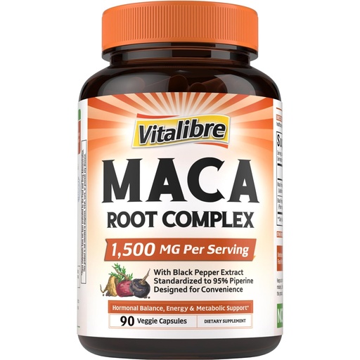 [BRSREGT7CAGQAEYZ] Vitalibre Maca Root Capsules for Women & Men, 1500 mg Maca Root Per Serving, with Black Pepper for Max Absorption, 95% Piperine, Vitality, Mood, Metabolic Support, 90 Capsules