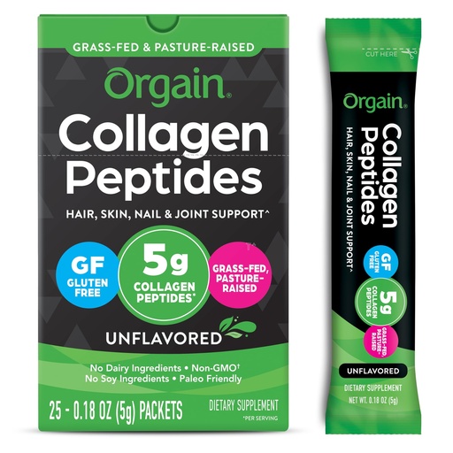 [BRSWYYYDAEGROCYV] Orgain Hydrolyzed Collagen Peptides Travel Packets For Women & Men - 5g Grass Fed Collagen Per Serving, Hair, Skin, Nail & Joint Support Supplement, Non-GMO, Type I & III - Unflavored (25 Count)