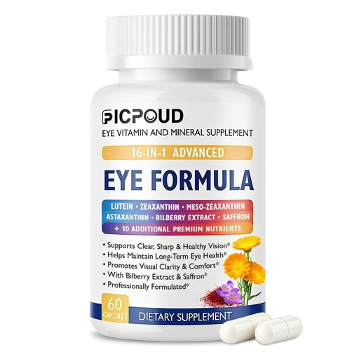 [BRSRGAD6BV5RE2TL] 16 in 1 Advanced Eye Formula, Eye Vitamins and Mineral Supplement with Lutein 20mg, Zeaxanthin 4mg & Meso-Zeaxanthin 10mg, Astaxanthin, Omega 3, Bilberry & Saffron, Eye Wellness, 60 Capsules