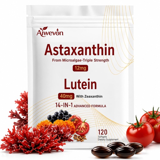[BRSRGBIODEHWKELA] 14-in-1 Astaxanthin 12mg with Lutein 40mg & Zeaxanthin Softgels, Eye Support & Antioxidant Supplement, Microalgae Astaxanthin with Vitamins for Vision, Skin, and Daily Wellness, Non-GMO, 120 Softgels