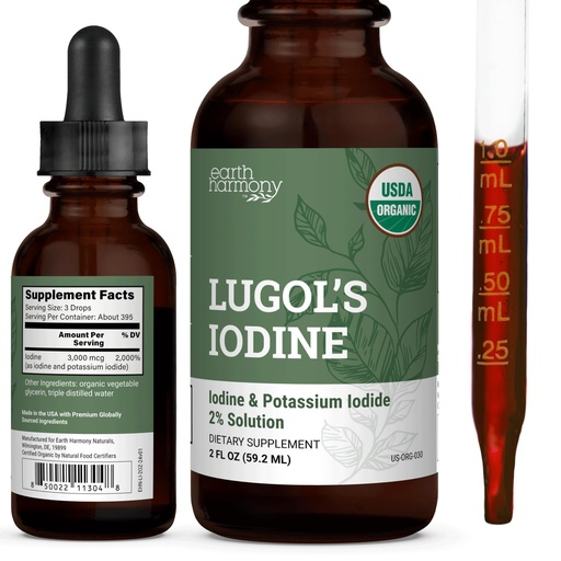 [BRSW2EALB56GOCTK] Organic Lugol's Iodine, Iodine and Potassium Iodide 2% Solution 3000 mcg - Liquid Supplement Drops for Thyroid Support for Women & Men, Metabolism Health, Detox Boost - Non-GMO, 395 Servings (2 Oz)