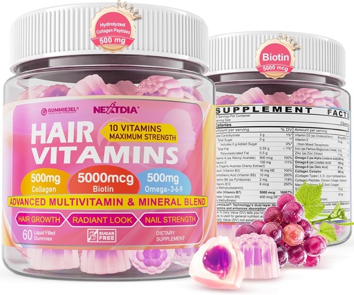[BRSRAGILAAIRA3T7] Hair Growth Vitamins Liquid-Filled Gummies - Biotin 5000mcg, Hydrolyzed Collagen Peptides, Omega 3-6-9, Hyaluronic Acid, Methylfolate, Methylcobalamin -Healthy Hair, Skin & Nails Supplement for Women