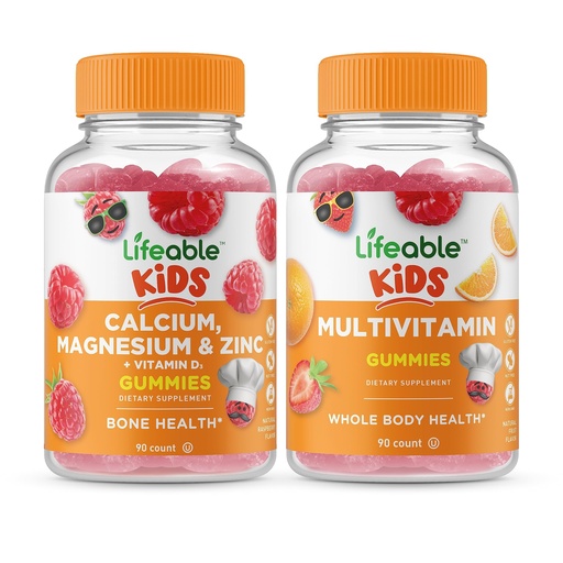 [BRSRMYIYO54BYET2] Lifeable Calcium Magnesium & Zinc Kids + Multivitamin Kids, Gummies Bundle - Great Tasting, Vitamin Supplement, Gluten Free, GMO Free, Chewable Gummy