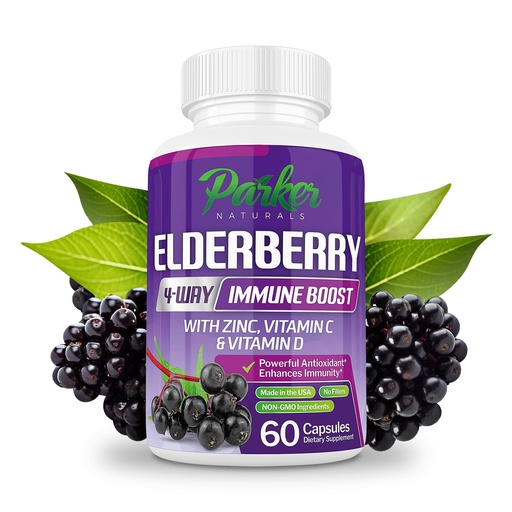 [BRSROGTRBYPB6HTV] Parker Naturals Organic Elderberry Capsules, 4-Way Immune Boost Elderberries, Vitamins C, D & Zinc Support, 1260.1 mg Elderberry Supplements for Adults, 60 Capsules
