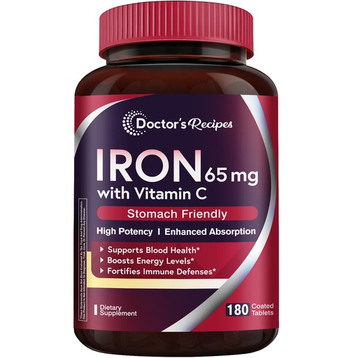 [BRSRAHYHOJ7BQDY6] Doctor's Recipes Iron Supplement 65 mg with Vitamin C - Maximized Absorption & Stomach Friendly Iron Pills for Red Blood Cells Formation, Heart, Brain & Immunity Health - Vegan Non-GMO 180 Iron Tabs