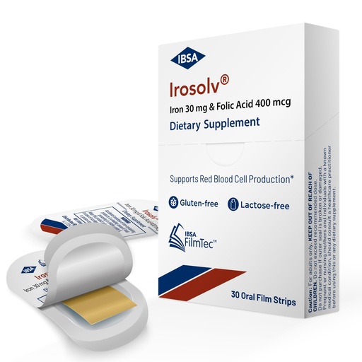 [BRSRAC3YDN6QK3AV] Irosolv – IBSA Iron - Dietary Supplement – 30 mg Iron 400 mcg Folic Acid-30 Oral Dissolving Films for Immediate Release and Tolerability - Gluten-Free, Lactose-Free, Sugar-Free, Non-GMO