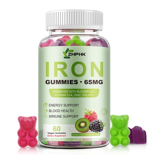 [BRSREADRBZYWEF34] Iron Supplement for Women, Men & Kids, 65mg & Vitamin C 250mg per Serving with B6 B12 Folate- Energy Support for Iron Deficiency, Anemia, Vegan GummyRaspberry Kiwi & BlackBerry Flavor, 60 Gummies