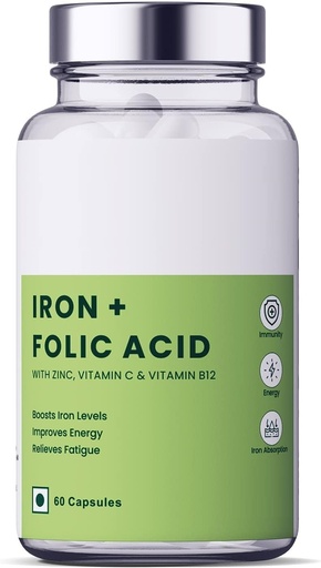 [BRSRABAFBFYAG3D3] RJ Iron + Folic Acid Supplement with Zinc, Vitamin C & Vitamin B12 | 60 Veg Capsules | Supports Blood Building, Immunity and Energy | Enhances Iron Absorption| for Both Men & Women