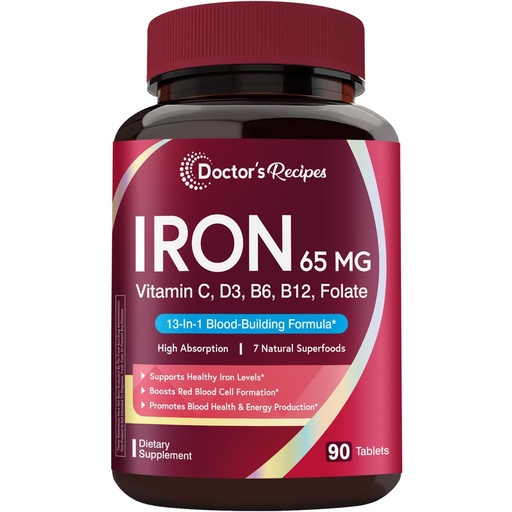 [BRSRABQ5BAFBYEI7] Doctor's Recipes Iron Supplement for Women & Men, Iron 65 mg with Vitamin C, D3, B6, B12, Folate, Beet Root, Pumpkin Seeds, for Energy & Red Blood Cell Support, 90 Tablets
