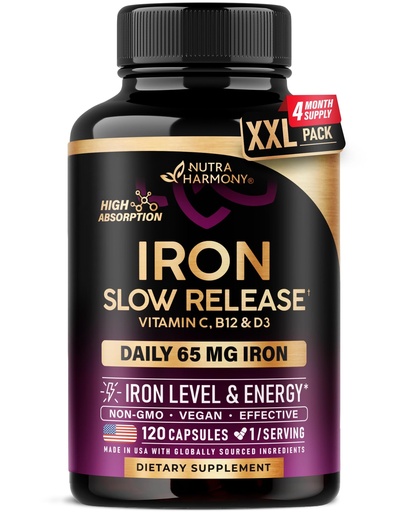 [BRSREYYHCN4A2CD6] Iron Supplement for Women - Iron 65mg (Ferrous Sulfate 325mg) - Stomach Friendly | Slow Release Iron | High Absorption - Vitamins C, D3, B6, B12 & Folate - Iron Level & Energy Support - 120 Capsules