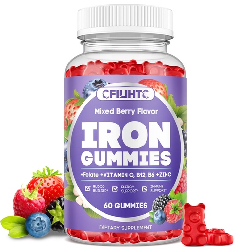 [BRSRAH3RO54GOYL6] Iron Gummies for Women & Men - Iron Supplement with Vitamin B6, B12, C, Zinc, Folate for Adults & Kids - Support Iron Deficiency, Anemia, Energy Boost, Blood Builder - Sugar Free 60ct Mixed Berry