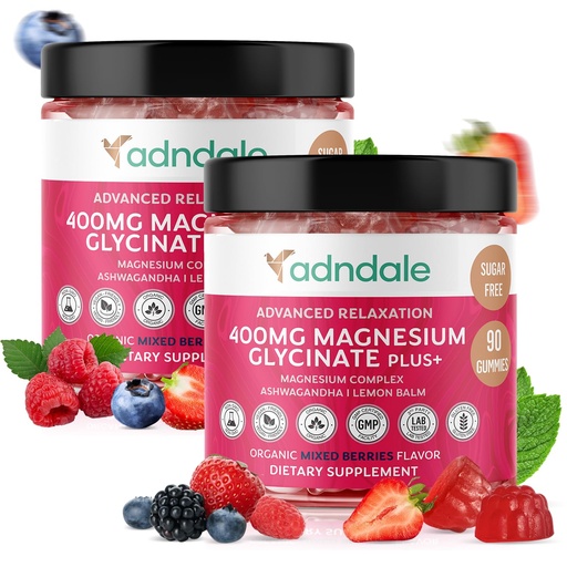 [BRSRAZINOEHAOYL5] Adndale 180 CT Magnesium Glycinate Gummies 400 mg/Serv with Ashwagandha, Magnesium Malate & Taurate, Sugar Free Chews for Adults & Kids