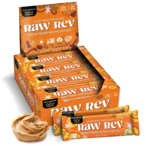 [BRSWIAQ7CB6AIGTI] Raw Rev Vegan Protein Bars- Creamy Peanut Butter & Sea Salt, 12 bars, Non-GMO, Plastic-Neutral, Nothing Artificial, Glo Formula, Gluten-Free, Keto-Friendly, Paleo, Kosher, Soy-Free, No Sugar Alcohols, No Stevia.