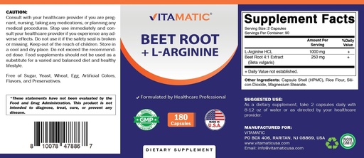 [BRSRGBQ3CQJQOELJ] Vitamatic Beet Root + L-Arginine Capsules – 1000 mg L-Arginine HCl & 250 mg Beet Root Extract – Nitric Oxide Support, Heart & Circulation Health – 180 Veg Capsules – Non-GMO, Made in USA