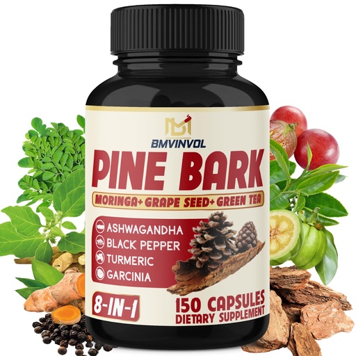 [BRSW2YYEB4NWODLG] Pine Bark Capsules with Ashwagandha, Turmeric, Green Tea, Garcinia Cambogia, Moringa, Grape Seed, and Black Pepper - 150 Count - 5 Month Supply
