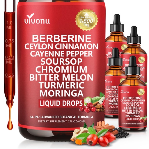 [BRSRGZ37CV5RYH3L] 14-in-1 Berberine with Ceylon Cinnamon Supplement Liquid Drops, 1800mg + 30:1 Liposomal Tech with Cayenne Pepper Soursop Chromium Bitter Melon Turmeric Moringa Gymnema Glucomannan, GLP Support 4Bottle