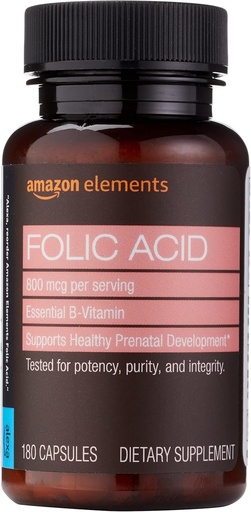 [BRSW2Y37AEGQIFDH]   Elements - Folic Acid, 800 mcg per serving, Tablet, 180 Count, Pack of 1, Women's Dietary Supplement for Healthy Prenatal Development, 6 Months of Supply