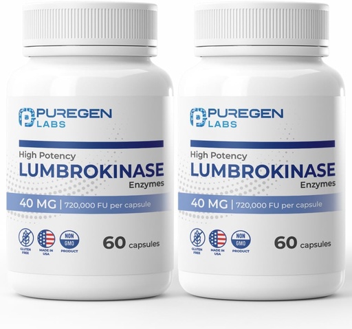 [BRSRAAD2BYMGKCQZ] Puregen Labs Lumbrokinase 40mg per Capsule High Potency Supplement | High Activity Lumbrokinase Enzymes | No Harmful Additives | Non-GMO | Gluten Free | Made in USA - Total 120 Vegetarian Capsules