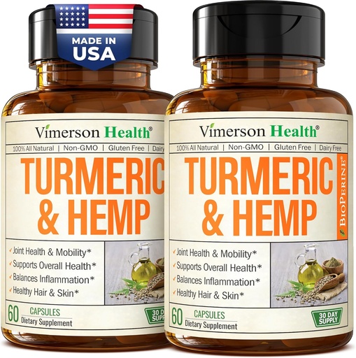 [BRSRAYLYBUGWE3DF] Turmeric Curcumin Supplement with Hemp Seeds & Lemon Balm Extract – Joint Health & Mobility – Calm Mood & Restful Sleep – with Black Pepper for Absorption – Joint Supplement for Men & Women - 2 Pack