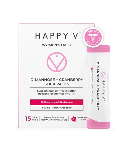 [BRSROZY6OUPWCCIU] Happy V D-Mannose + Cranberry Stick Packs | Dr Formulated Urinary Tract Support Supplement | D Mannose Supplements for Women - Bladder Support - Promotes Urinary Comfort - 15 Stick Packs
