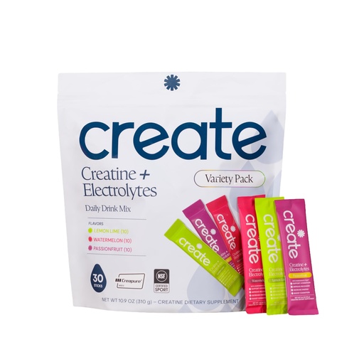 [BRSRGZQRA4AWMALO] Create Creatine + Electrolytes Mix - Creatine Monohydrate Stick Packs, Supports Energy and Hydration, NSF Certified for Sport, 30 Count, Variety Pack