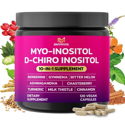 [BRSRAAL3AUCWGGYZ] BMVINVOL Inositol Supplement - Myo-Inositol and D-Chiro Inositol Ideal 40:1 Ratio - Plus Berberine, Cinnamon, Ashwagandha + 5 More - 120 Capsules