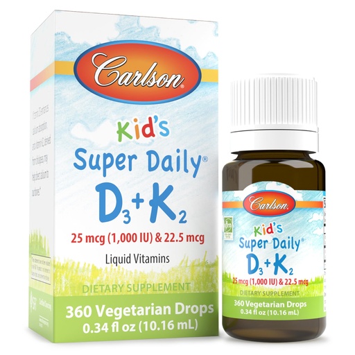 [BRSWGZQZDIIGYC35] Carlson - Kid's Super Daily D3+K2, 25 mcg (1,000 IU) D3 & 22.5 mcg K2, Vitamin D Drops with Vitamin K2, Liquid Vitamins, 1000 IU Vitamin D3, Heart & Bone Health, 1-Year Supply, Unflavored, 360 Drops