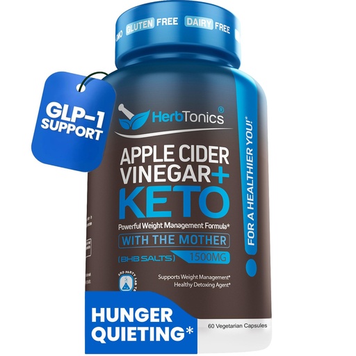 [BRSRAH3YC4PR4HI6] Herbtonics Apple Cider Vinegar + Keto BHB Capsules | GLP-1 Support for Appetite, Cravings & Weight Management | Metabolism Support with Satiety Support | 60 Capsules - 1 Month Supply