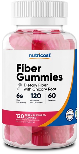 [BRSREC32BYMAYELA] Nutricost Fiber Gummies (Berry Flavored) 120 Gummies - Dietary Fiber Supplement with Chicory Root, 6g per Serving, Vegan, 60 Servings