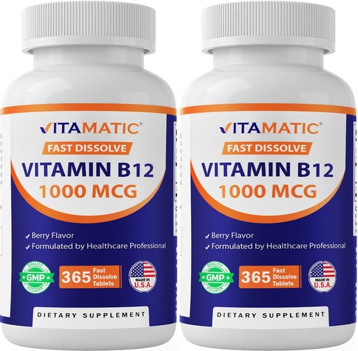 [BRSROZQCOUBQKDLF] Vitamatic Vitamin B12 1000 mcg Fast Dissolve Tablets – Natural Berry Flavor – 365 Tablets per Bottle - 2 Bottles – Supports Energy Metabolism & Nervous System Health