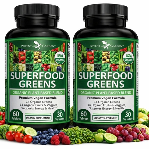 [BRSRMBADOUHGCFIU] Potent Garden 2-Pack Organic Superfood Greens, Fruit and Veggie Supplement Rich in Vitamins & Antioxidants with Alfalfa, Beet Root & Tart Cherry to Boost Energy, Immunity & Gut Health, 120 Ct