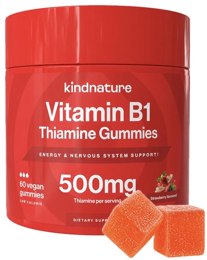 [BRSRO2QNA56WMCYV] kindnature Vitamin B1 Gummies 500mg – High Potency Thiamine Supplement for Energy, Focus & Nervous System – Vegan, Non-GMO Chewable B1 Vitamins for Adults & Kids – Natural Strawberry Flavor – 60 Ct