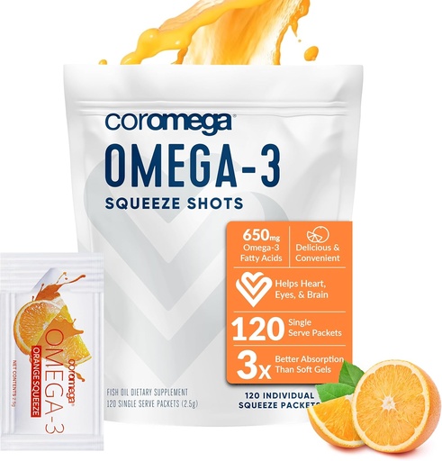 [BRSWIYI7OQIBQEDK] Coromega Omega 3 Fish Oil Supplement, 650mg of Omega-3s with 3X Better Absorption Than Softgels, Orange Flavor, 120 Single Serve Squeeze Packets