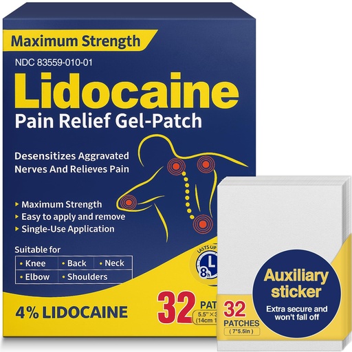 [BRSRGBINOQGRSALO] 4% Lidocaine Maximum Strength Pain Relief Gel Patches with Auxiliary Patches for Neck Back Knee Joint Ache Muscle Soreness, 3.9” x 5.5”, 32-Count Box, NDC：83559-010-01