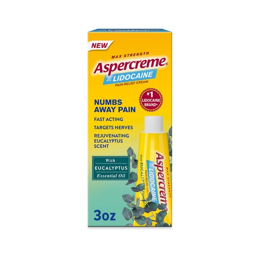 [BRSRMGAFA4BBUAY6] Aspercreme Essential Oils Lidocaine Pain Relief Cream, Max-Strength Lidocaine Numbs Away Nerve Pain, Moisturizing Aloe Hydrates Skin, Eucalyptus, 3 Oz.