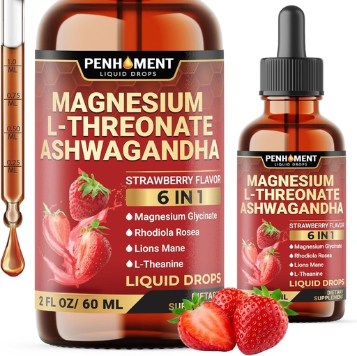 [BRSRAFD3CAJW2DLO] 6in1 Magnesium L-Threonate Liquid Drops with Ashwagandha, Magnesium Glycinate and 3 More - Brain Support and Immune - 2 Fl Oz for 30 Days - Strawberry Flavor