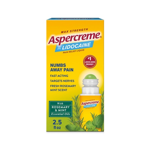[BRSWYBQPBYMWCFLV] Aspercreme Essential Oils Lidocaine Pain Relief with No-Mess Roll-On Applicator, Max-Strength Lidocaine Numbs Away Nerve Pain, Moisturizing Aloe Hydrates Skin, Rosemary & Mint, 2.5 Oz.