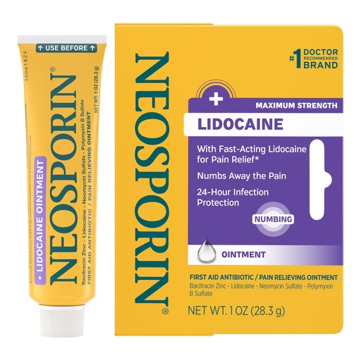 [BRSRGYL5BF7BUCLJ] Neosporin + Lidocaine First Aid Triple Antibiotic Ointment, Fast-Acting, Maximum Strength Topical Pain Relief, 24-Hour Infection Protection That Numbs Away The Pain for Minor Wound Care, 1 oz