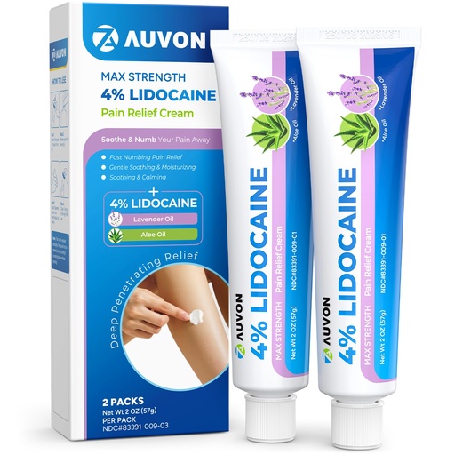 [BRSREFQ6AEDWK2DL] AUVON Max Strength Lidocaine Pain Relief Cream with Lavender & Aloe Vera, Numbing Cream for Minor Arthritis Pain, Soothing Muscle for Neck, Shoulder, Hip, Knee, Joint and Back Pain, 2 Oz, 2 Packs