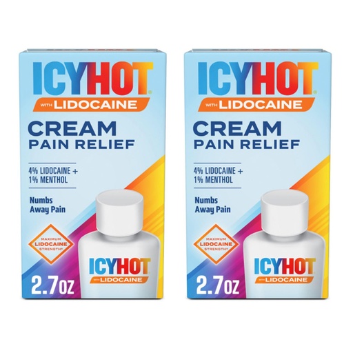 [BRSRGFARBV6GODT5] Icy Hot Lidocaine Pain Relief Cream, Numb Aggravated Nerves with Max Strength Lidocaine 4% and Menthol 1%, Fast-Acting Pain Relief for Minor Pain, Backaches, Sprains and Strains, 2.7 oz, 2 Pack