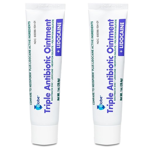 [BRSRAZT4DN4GMG3K] Globe (2 Pack) First Aid Antibiotic Ointment + Lidocaine (1 Oz) Maximum Strength & Fast-Acting Topical Pain Reliever, 24-Hour Infection Protection That Numbs Away The Pain, Bacitracin Zinc., White