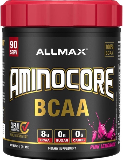 [BRSWYCA6C4PRME3A] ALLMAX Nutrition AMINOCORE BCAA, Pink Limonade - 945 g Jauhe - 8,18 Grams haaraketju Amin Acids per Serving - B-vitamiinit - Ei täytettä tai non-BCAA Aminos - Sokeriton - 90 Tarjoilut